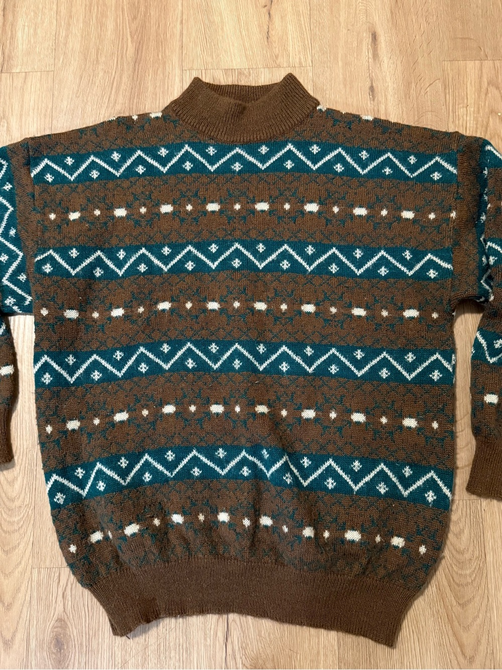 Vintage 1980’s Brown & Green Geometric Retro Mock Neck Sweater Men’s Medium - Picture 2 of 6